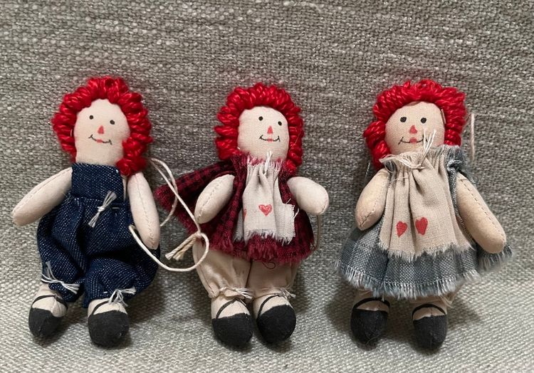 3 Mini Fabric Raggedy Ann Red Yarn Hair Ornaments Handmade Crafted Apron Hearts