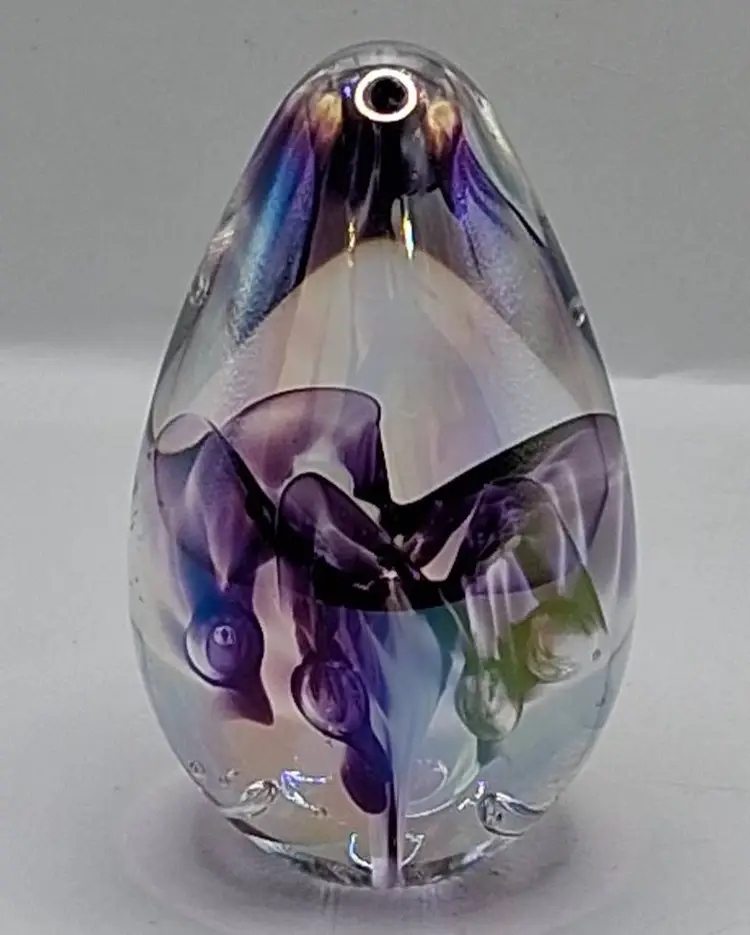James Alloway 1995 Iridescent Art Glass Egg Paperweight Purple Floral Signed