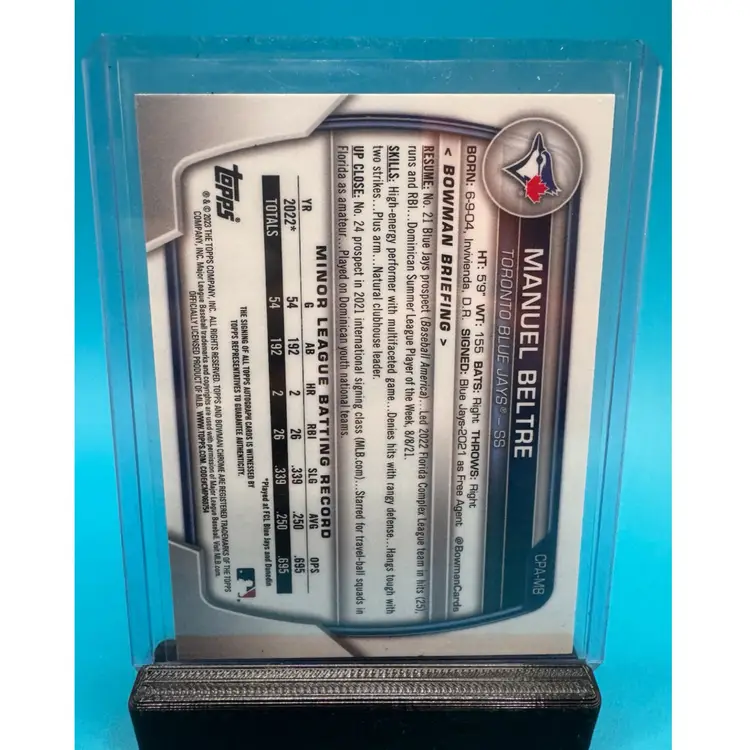 Manuel Beltre Bowman Chrome Auto Toronto Blue Jays