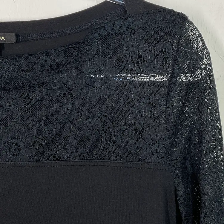Escada Black Lace Mixed Media Boatneck Ling Sleeve Top 38 Medium