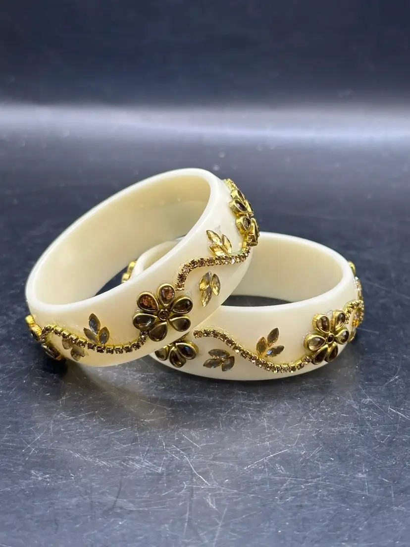 Silk Thread Bangle Pair Women, Indian Kundan Jewelry, Ivory And Gold Pakistani Bangles, Rhinestones Bangle Bracelet