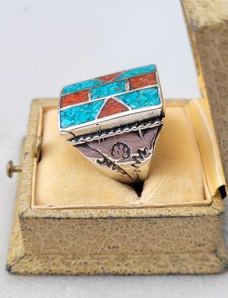 Vintage Turquoise Coral Sterling Silver Native American Men's Ring Sz 9.75 - 13g