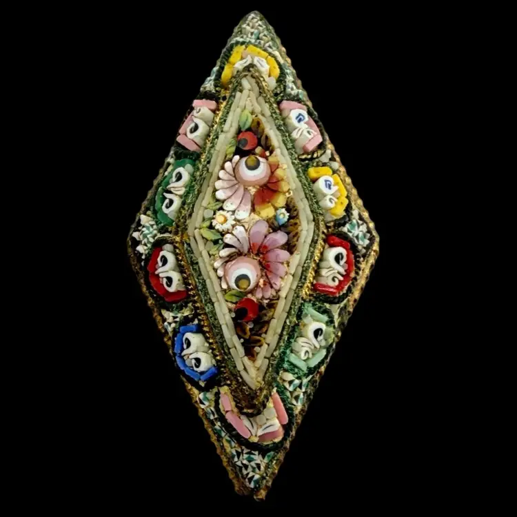 Antique Fine Micro Mosaic Diamond Brooch Floral Flower Garden Detail 1 1/4"