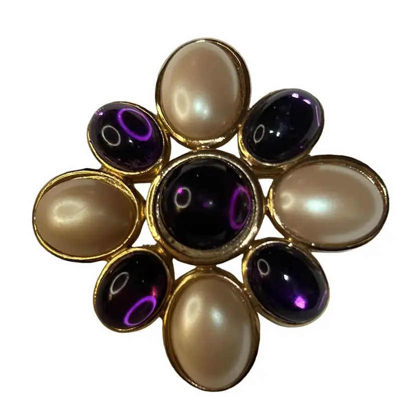 Maltese Cross Brooch W Faux Pearl & Purple Cabochons