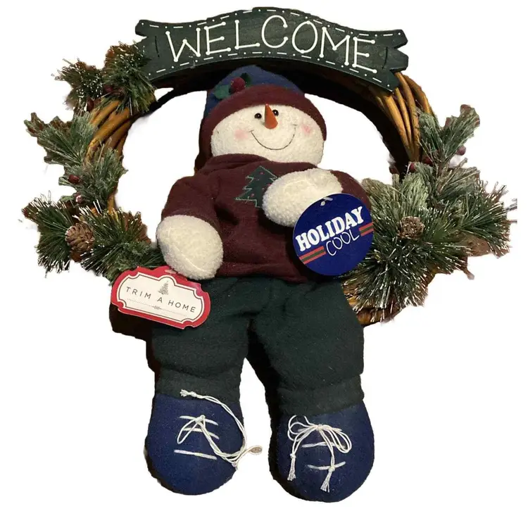 Holiday Wreath Snowman Vine Christmas "WELCOME" Front Door Winter Décor NWT