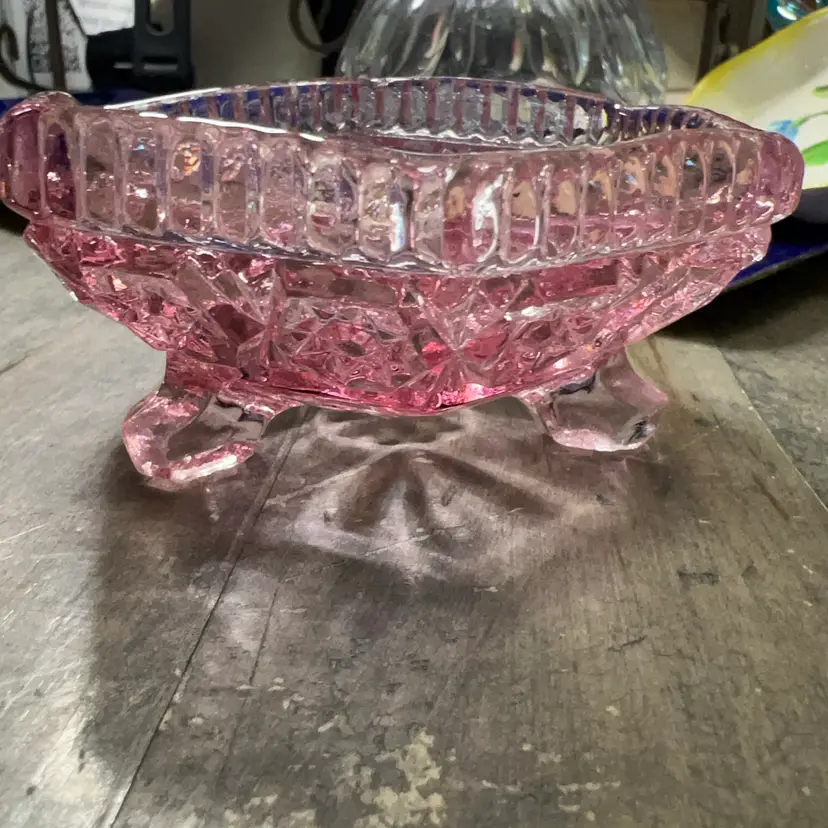 Vintage Pink Trinket Dish Three Foot Pressed Glass