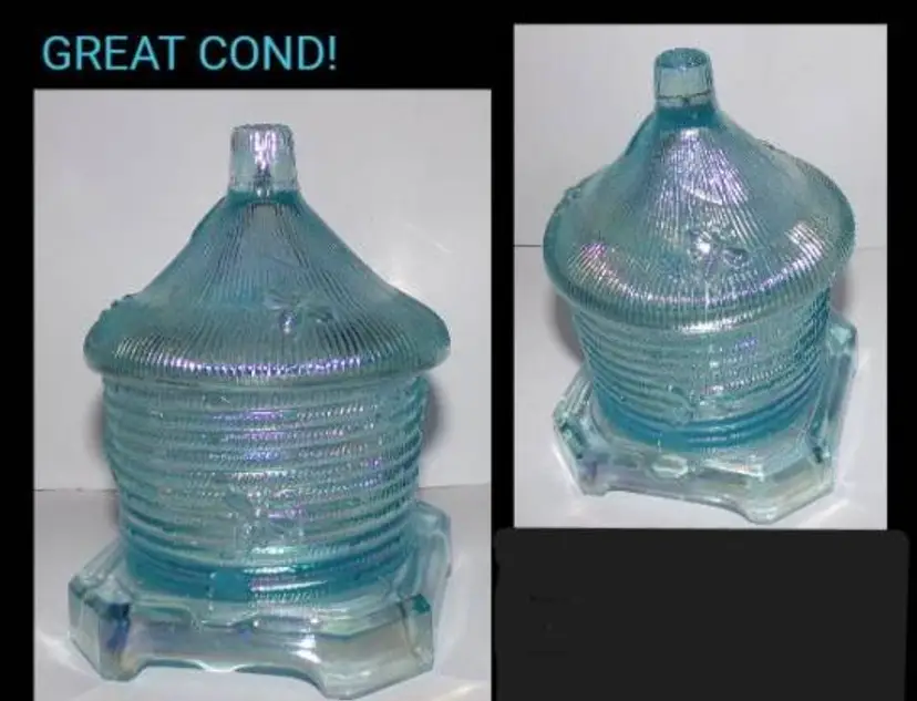 Vintage RARE, Imperial Glass for Lenox, Horizon Blue Iridescent BEEHIVE HONEY JAR