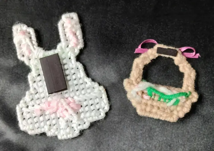 Vintage Handmade Plastic Canvas Easter Magnet Set Easter Bunny Easter Basket