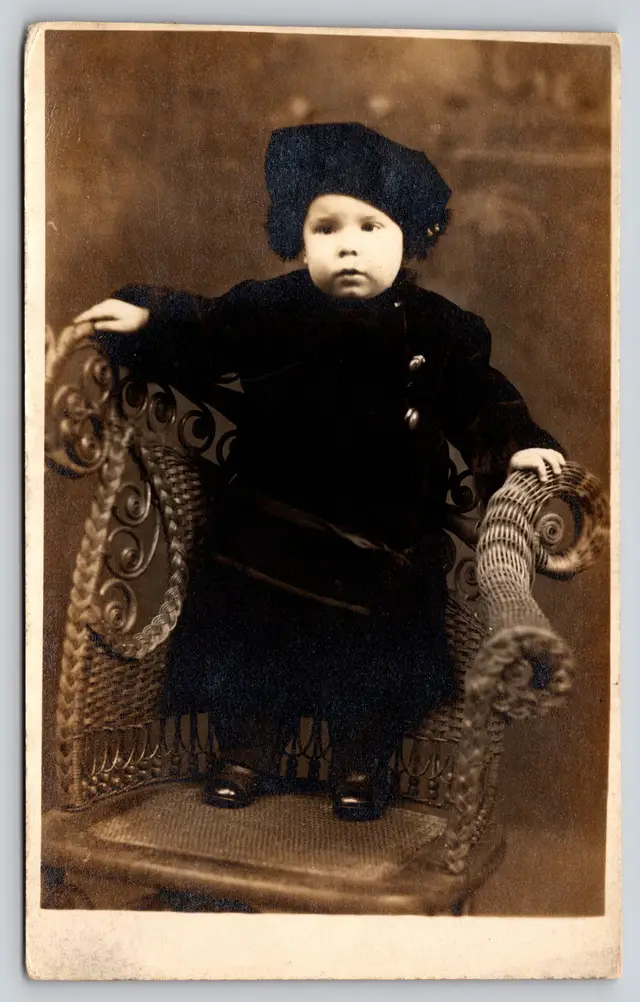 Postcard RPPC Baby in Suede Outfit and Beret Hat Standing on Chair Real Photo -  9398