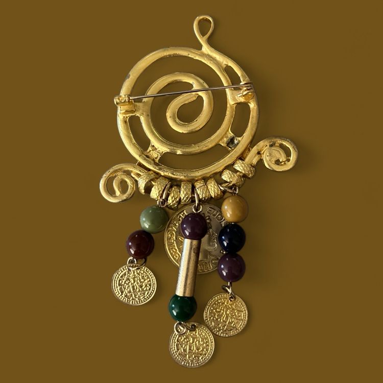 Swirly Gold Tone Dangling Coins & Beads Brooch Vintage