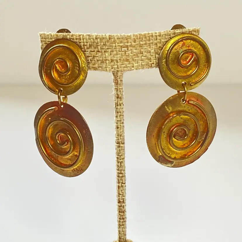 Large Artisan Articulated Dangling Round Copper Brass Disk Swirl Clip On Earring