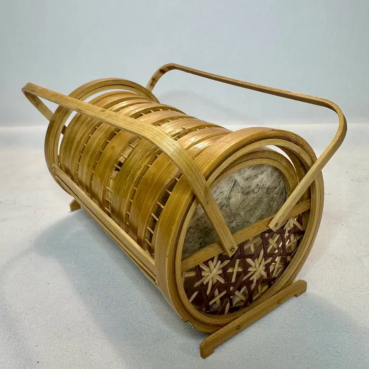 Vintage 1970's Pressed Butterfly Bamboo Coaster SET Caddy 7 PC Retro Japan As Is