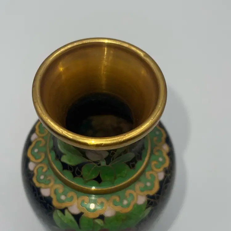 cloisonne vase Floral Vase, Black Background On Brass 5 1/4 Inches
