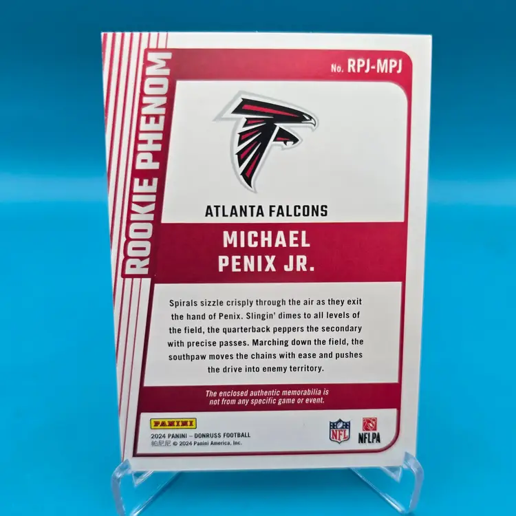 Michael Penix Jr. 2024 Panini Donruss Rookie (RC) Phenom Jersey Relic #RPJ-MPJ Atlanta Falcons