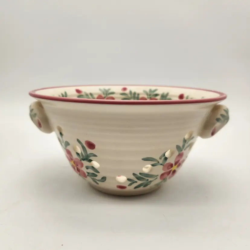 New Debco Ceramic Berry Bowl Colander Floral Hand Painted Folk Art Style Handles