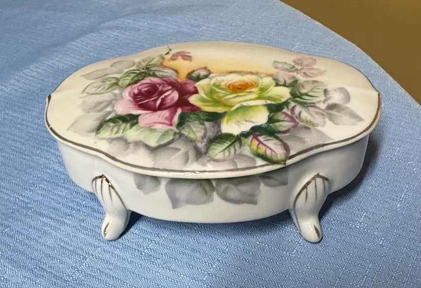Porcelain Floral Trinket Jewelry Box Pink & Yellow Roses Arnart Creations 5.75”