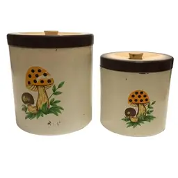 Vintage Merry Mushroom Canister Set of 2 Lacquerware Kitchen 1977 Sears Japan