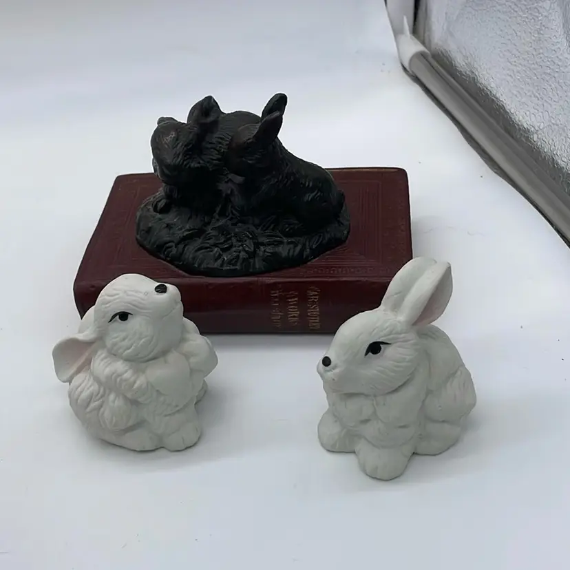 Rabbits - Rabbit & 2 White Rabbit Ceramic Figurines