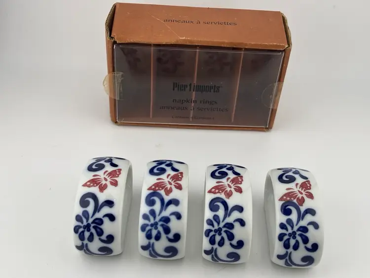 Set of Four Pier 1 Porcelain Napkin Ring Holders, Red Butterflies w/ Blue Scroll