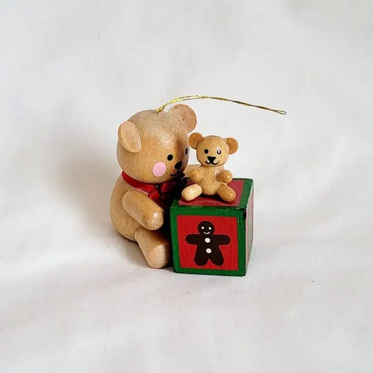 Wood Ornament Bear Holding Package
