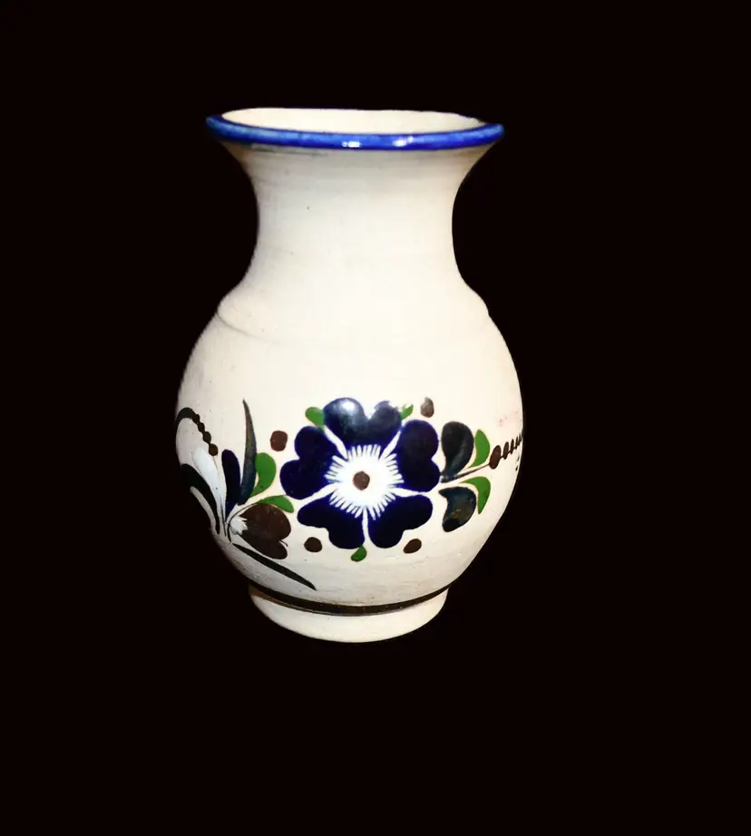 Vintage Mexican Tonala Hand Painted Folk Art Pottery Vase with Cobalt Blue Flower - 5 inch