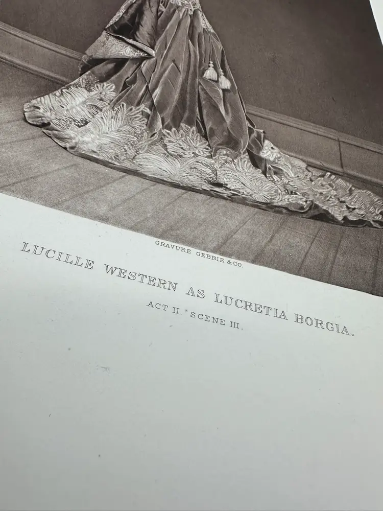 Antique 1887 Photogravure Gebbie & Co., Lucille Western As Lucretia Borgia  17”T 12”W