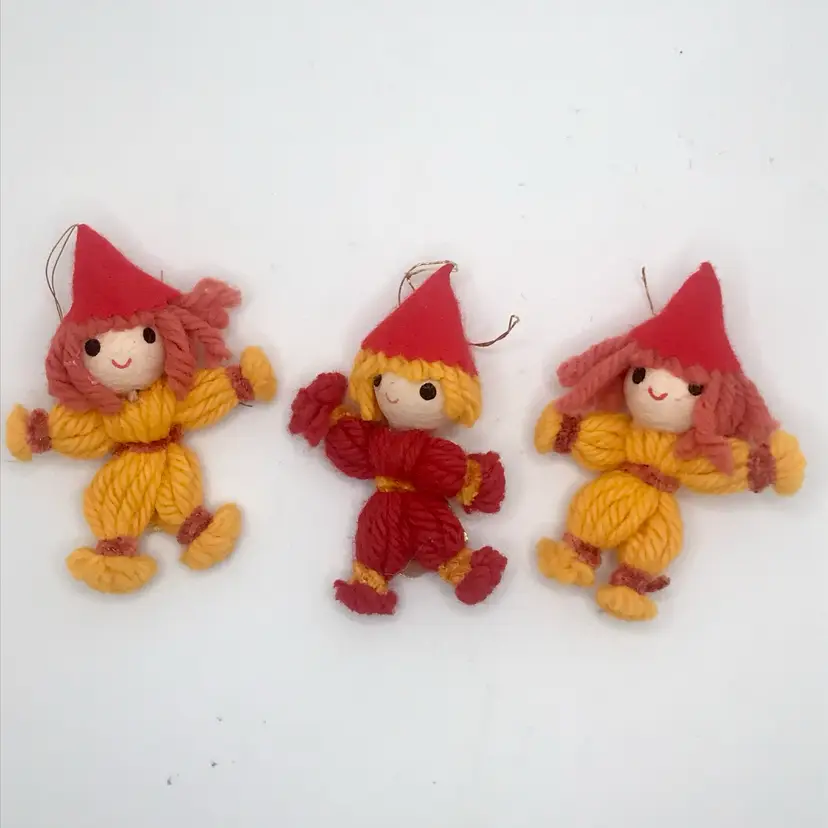 Set Of 3 Vintage Yarn and Felt Pixie Elf Christmas Ornaments 3β