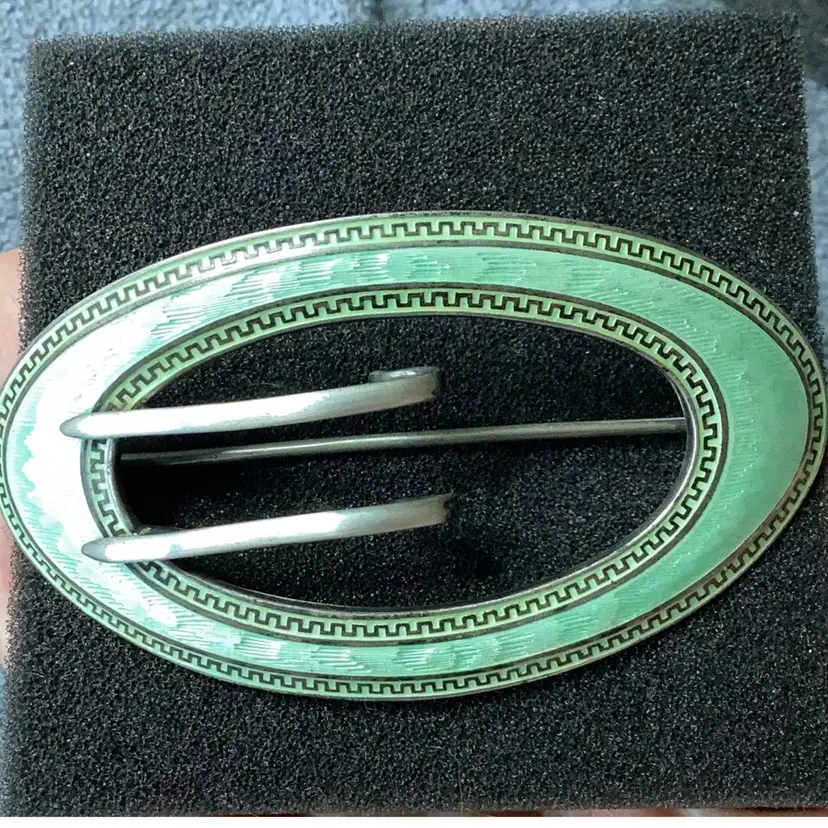 Antique Sterling Silver Brooch Art Nouveau William B Kerr Sash Pin Guilloche Enamel 3” 1/4”