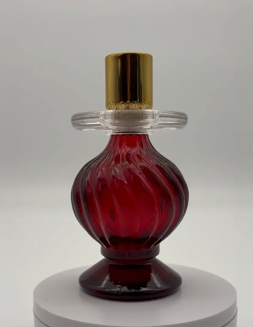 Avon Ruby Red Glass Candlestick Cologne Bottle Empty with Original Box Vintage