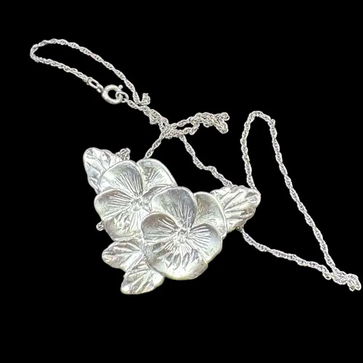 Vintage Sterling Silver Pansy Pendant On 18” Rope Necklace - Stamped 925 - Rigorously Tested