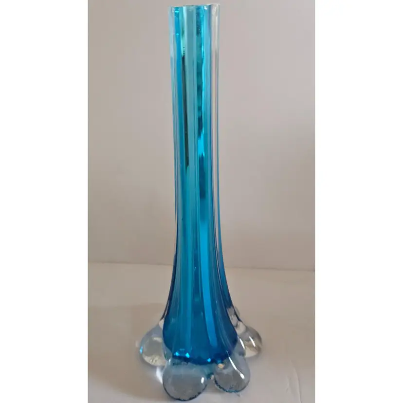 #01 - MCM Turquoise and Clear Art Glass Bud Vase, 8" tall x 3" diameter, Elephant Foot