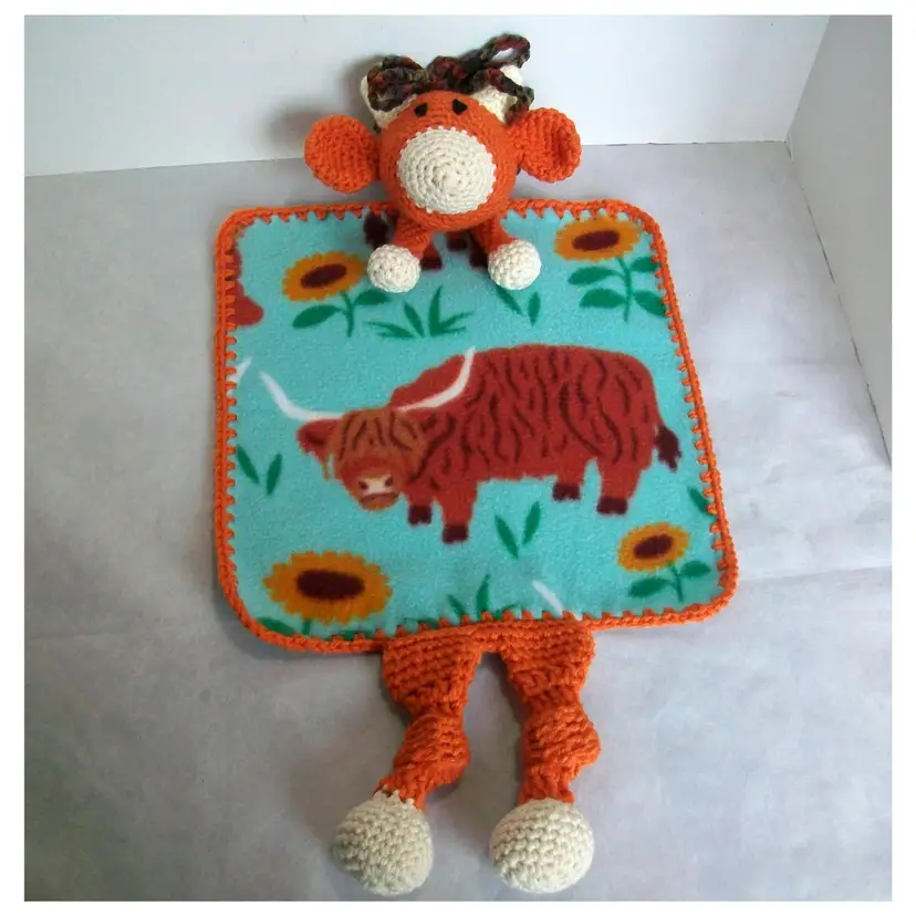 Handmade Crochet Amigurumi Hyland Cow Fleece Lovey Snuggler Huggable Blanket Toy