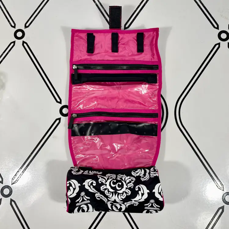 Jewelry Travel Organizer Roll Up Bag On a Roll Damask Pink