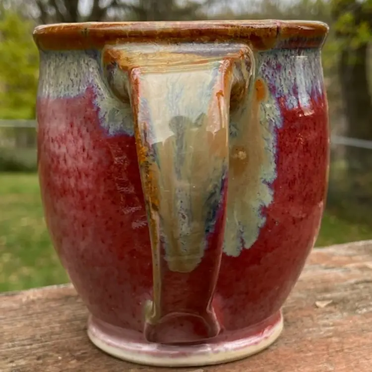 Studio Pottery Mug, Red Berry Color With Drip Glaze. 4”h x 5”w Including Handle. 13 Ounces. Artist Signed.