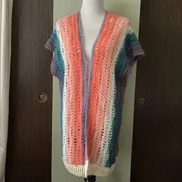 Crochet Lace Coral Purple Teal Cream Stripe Kimono Vest Size Large