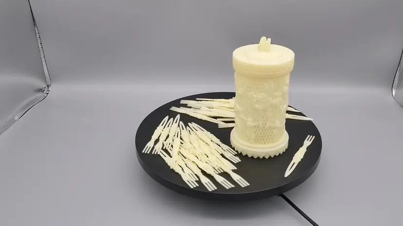 Vintage Faux Ivory Carved Rose Relief Lattice Celluloid 38 Appetizer Picks Cocktail Forks Caddy Holder Set