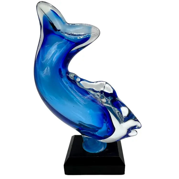 Art Glass Blue Fish Sculpture on Wood - Signed Dated 1985