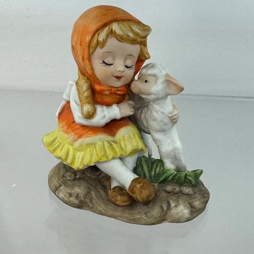 Lefton China Figurine Girl With Lamb 8252 Hand Painted Orange Cloak