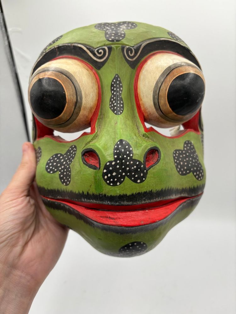 Balinese Indonesia Godogan Frog Carved Wooden Wall Mask Sculpture