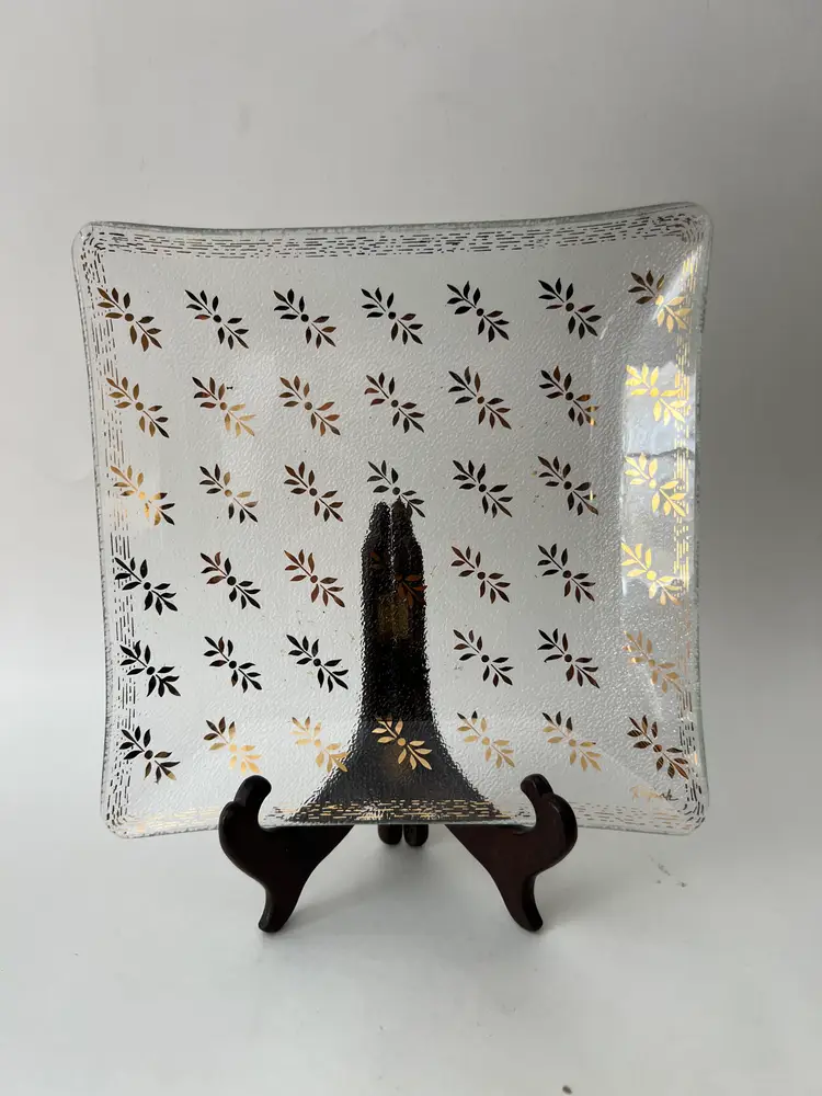 Vintage Rojack 9" Square Bent Glass Tray Gold Flake. Chipped Corner. MCM Art Glass