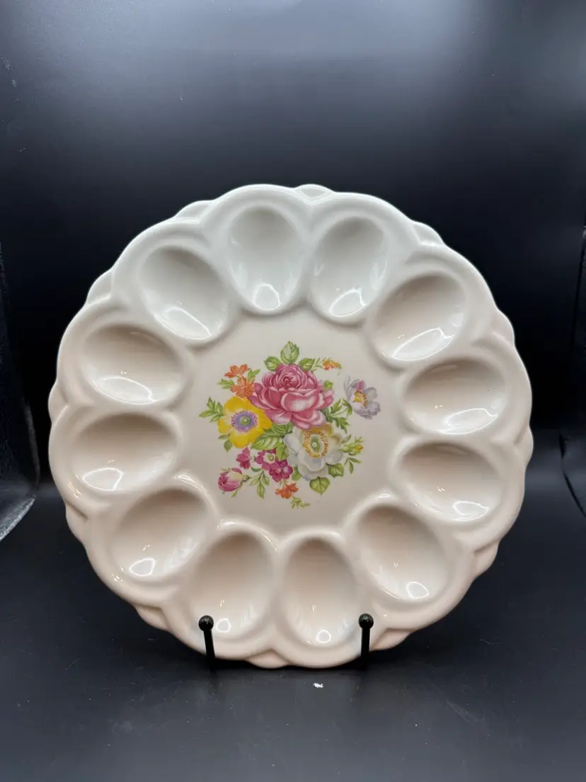 E & R American Artware White Ceramic Deviled Egg Plate With Floral Transferware