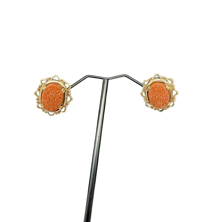 Vintage Goldstone Filigree Gold Tone Screw Back Earrings Boho-Chic Celestial
