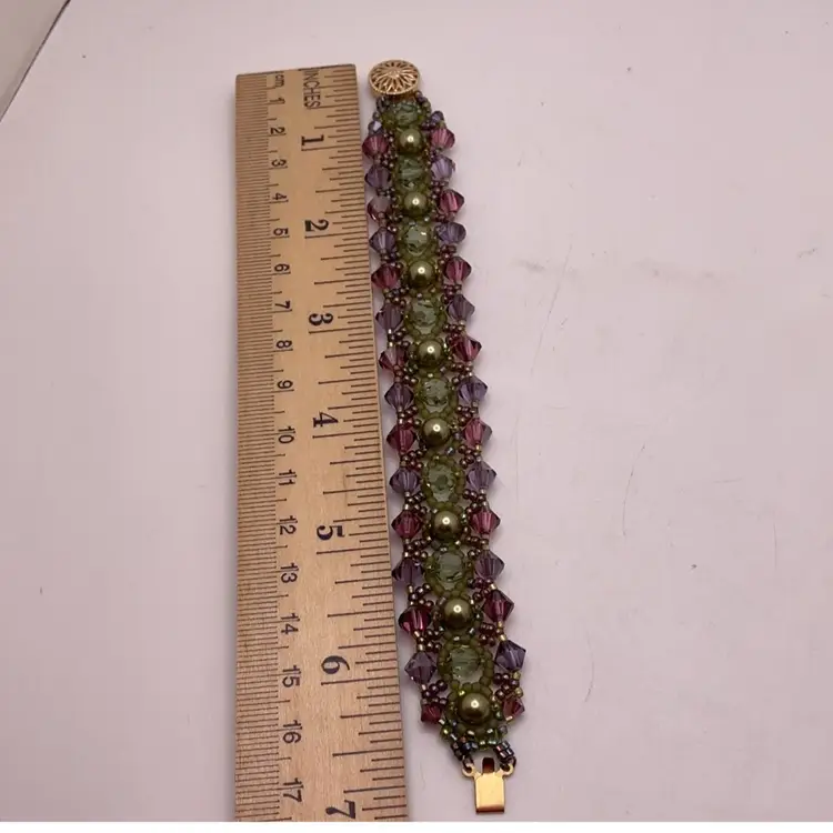 Purple & Green Swarovski Crystal & Pearl Bracelet with Gold Filled Filagree Box Clasp Artisan Made 7”