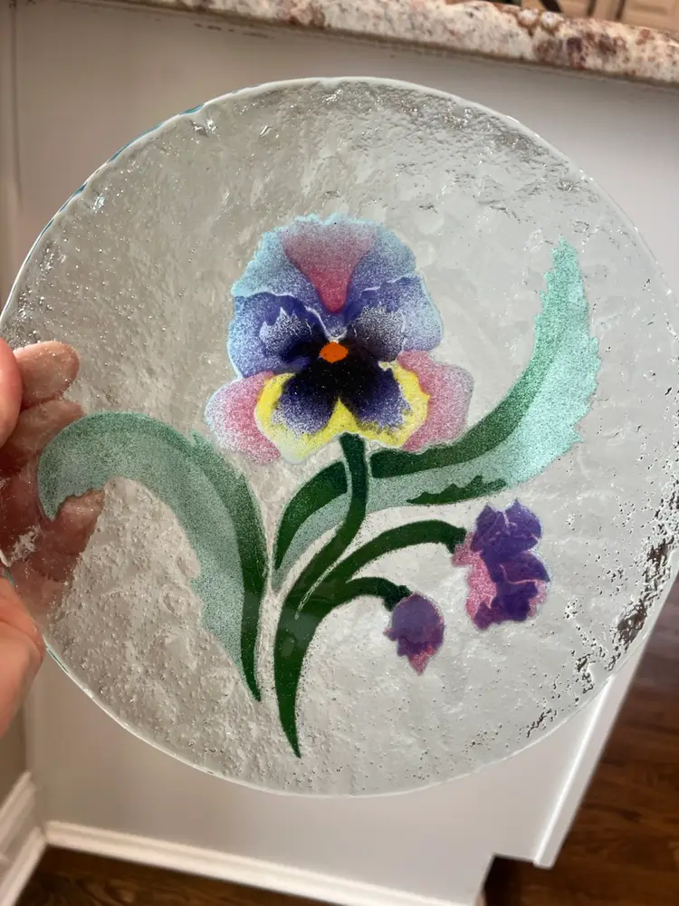 Vintage Signed Bill Sydenstricker Fused Art Glass Plate Pink Purple Iris Flowers