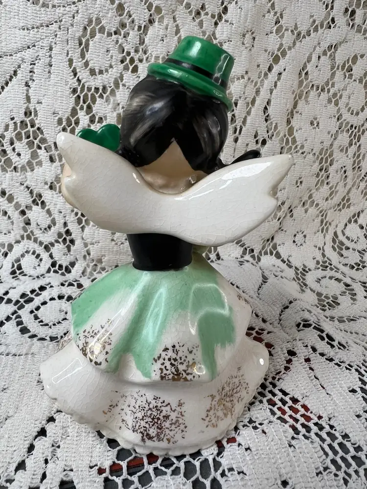 #01 119 Vintage Ceramic Left In March Birthday Angel Shamrocks 1987 Crazed 5" X 3.5"