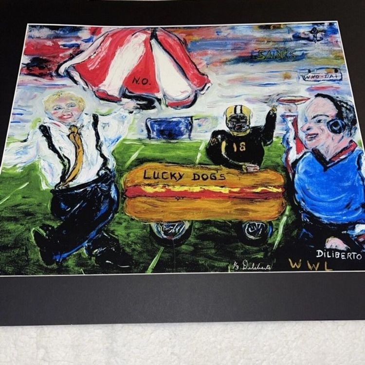 Peggy Diliberto Signed Art Poster New Orleans saints lucky dog 24 x20 Matted saints