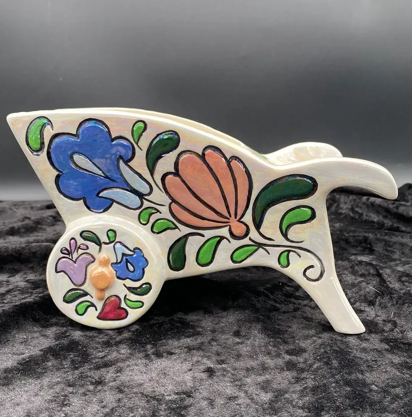 Vintage Ceramic Hand-Painted Wheelbarrow Planter, Iridescent, Retro Florals/Bird