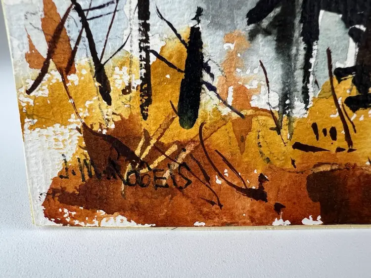 Circa 1975 Abstract Watercolor Landscape with Architecture SIGNED earth tones SIGNED