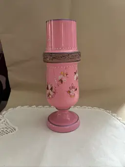 Vintage Bohemian Pink Glass Vase Enamel Painted