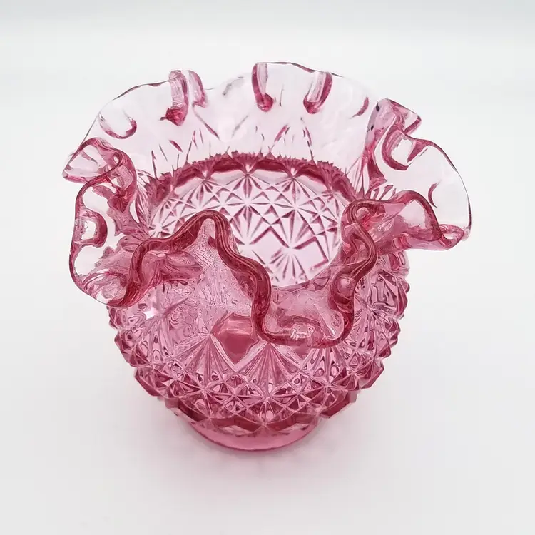 #09 - Fenton Glass Diamond & Fan Pattern Rose Bowl / Vase, 4 1/2” Tall Raspberry
